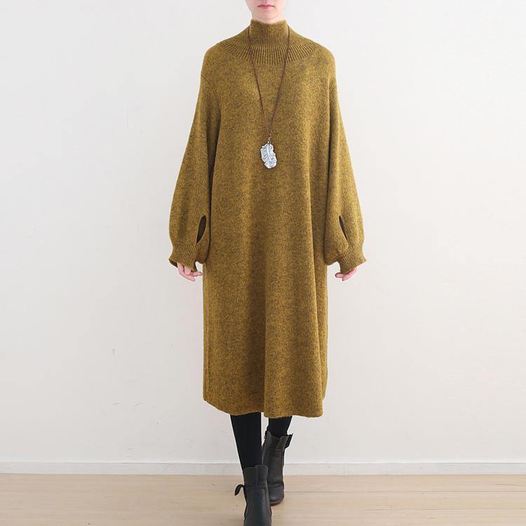 stylish yellow sweater dress oversized high neck spring dress women Puff Sleeve pockets winter dresses - Omychic