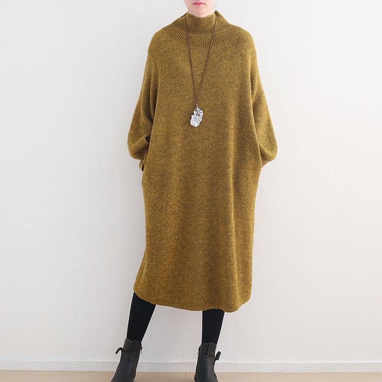 stylish yellow sweater dress oversized high neck spring dress women Puff Sleeve pockets winter dresses - Omychic