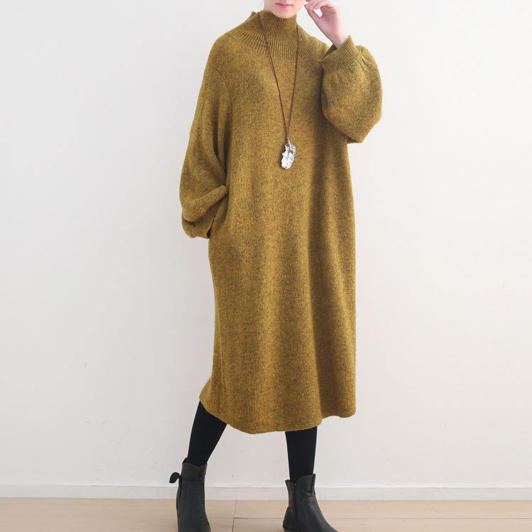 stylish yellow sweater dress oversized high neck spring dress women Puff Sleeve pockets winter dresses - Omychic