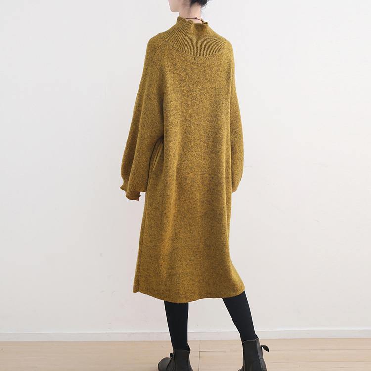 stylish yellow sweater dress oversized high neck spring dress women Puff Sleeve pockets winter dresses - Omychic