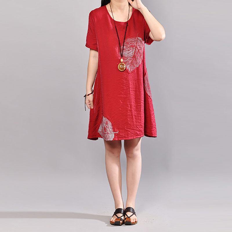 stylish Midi-length cotton dress Omychic Casual Round Neck Short Sleeve Wine Red Short Dress - Omychic