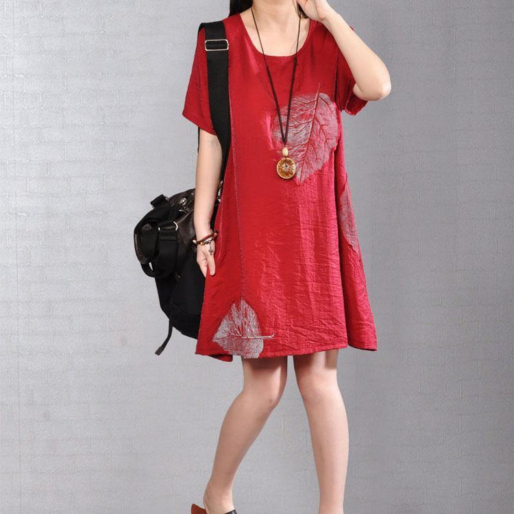 stylish Midi-length cotton dress Omychic Casual Round Neck Short Sleeve Wine Red Short Dress - Omychic