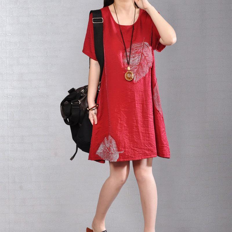 stylish Midi-length cotton dress Omychic Casual Round Neck Short Sleeve Wine Red Short Dress - Omychic