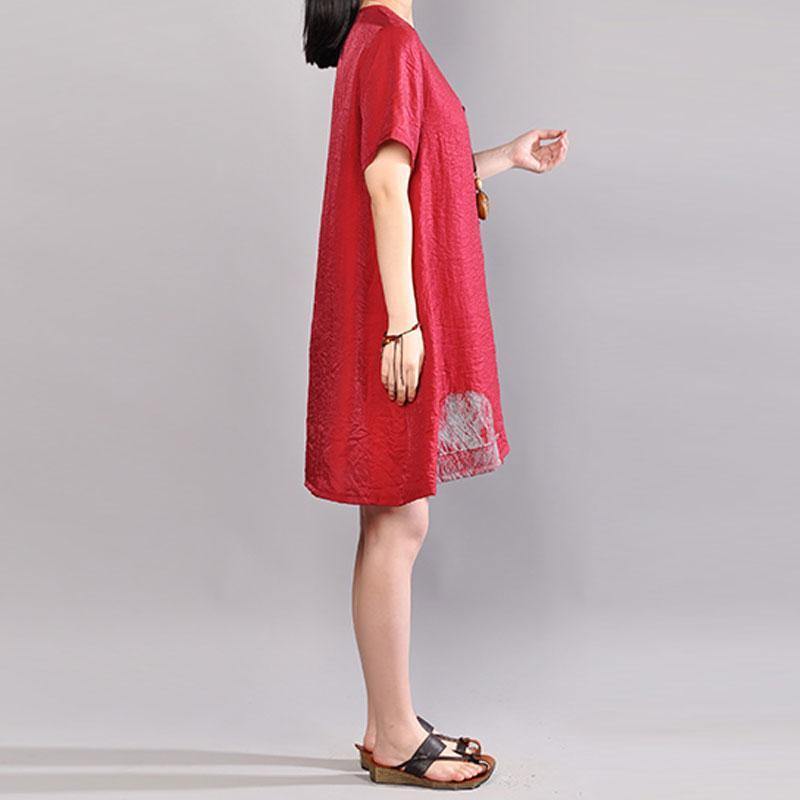 stylish Midi-length cotton dress Omychic Casual Round Neck Short Sleeve Wine Red Short Dress - Omychic