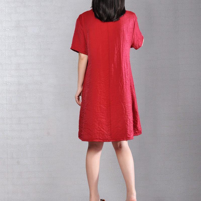 stylish Midi-length cotton dress Omychic Casual Round Neck Short Sleeve Wine Red Short Dress - Omychic