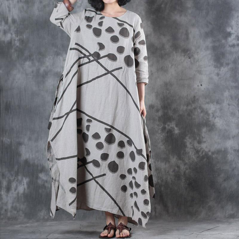 stylish beige prints  natural linen dress  oversized side open linen gown casual drawstring maxi dresses - Omychic