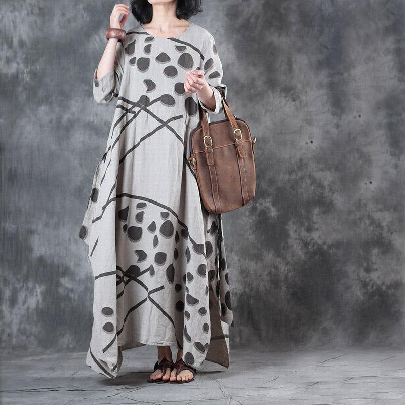stylish beige prints  natural linen dress  oversized side open linen gown casual drawstring maxi dresses - Omychic