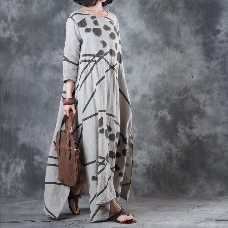 stylish beige prints  natural linen dress  oversized side open linen gown casual drawstring maxi dresses - Omychic