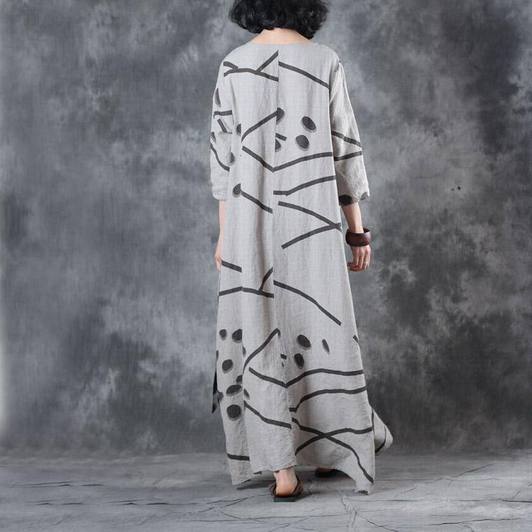 stylish beige prints  natural linen dress  oversized side open linen gown casual drawstring maxi dresses - Omychic