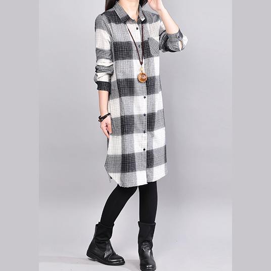 stylish black cotton dress trendy plus size cotton shirt dress boutique long sleeve plaid midi dress - Omychic