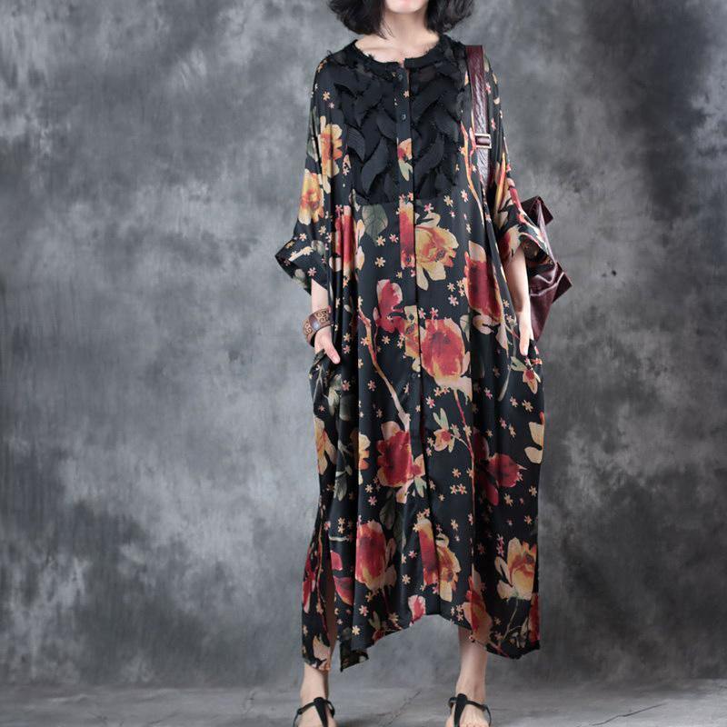 stylish black floral  long chiffon dress plus size clothing bracelet sleeved traveling clothing Elegant o neck two ways to wear chiffon caftans - Omychic