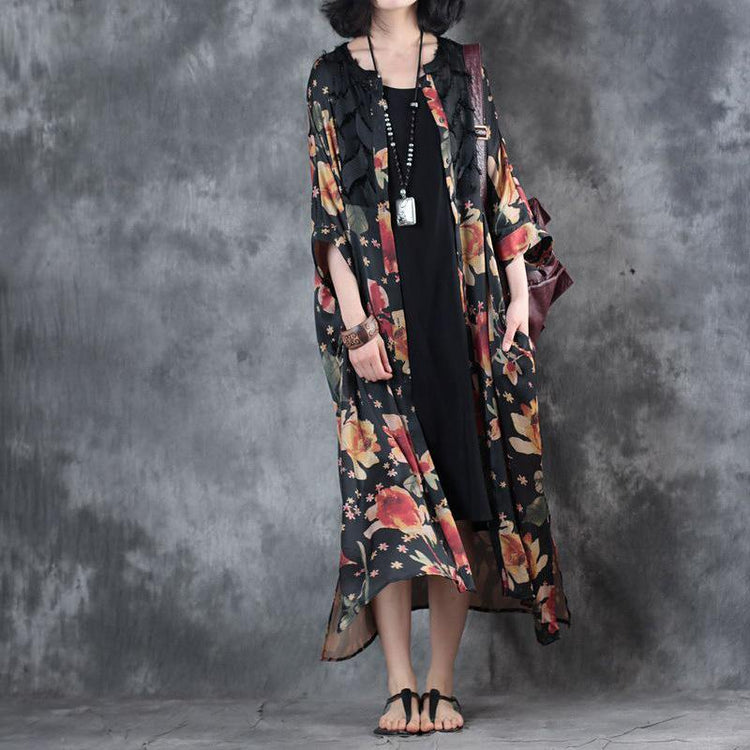 stylish black floral  long chiffon dress plus size clothing bracelet sleeved traveling clothing Elegant o neck two ways to wear chiffon caftans - Omychic