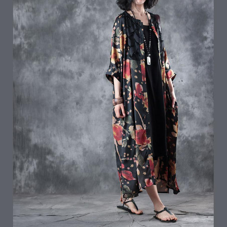 stylish black floral  long chiffon dress plus size clothing bracelet sleeved traveling clothing Elegant o neck two ways to wear chiffon caftans - Omychic