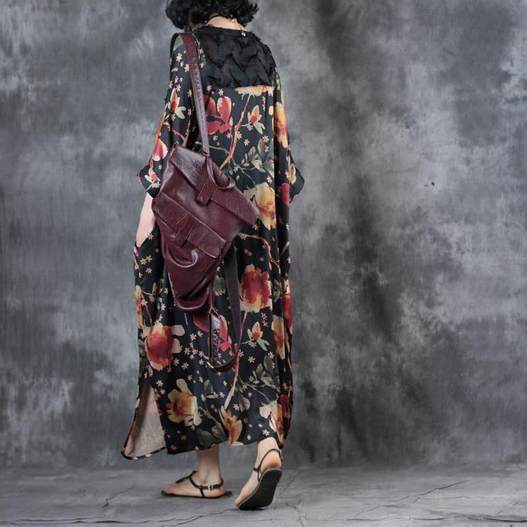 stylish black floral  long chiffon dress plus size clothing bracelet sleeved traveling clothing Elegant o neck two ways to wear chiffon caftans - Omychic