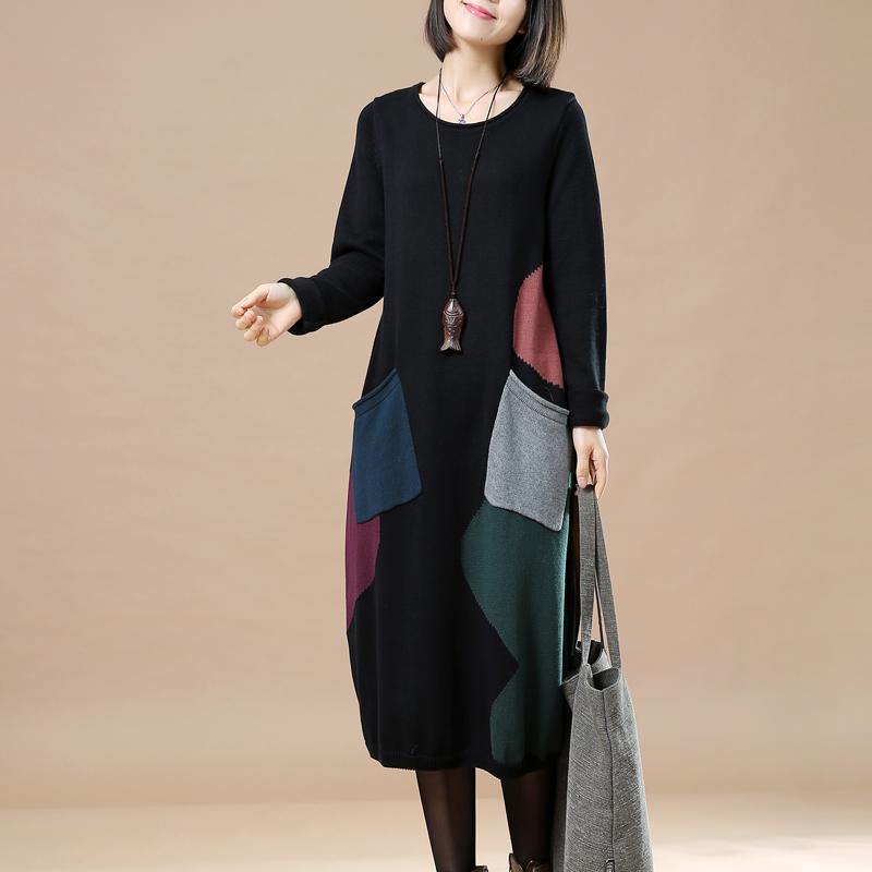 stylish black long sweaters dresses trendy plus size pullover casual  baggy pullover sweater patchwork - Omychic