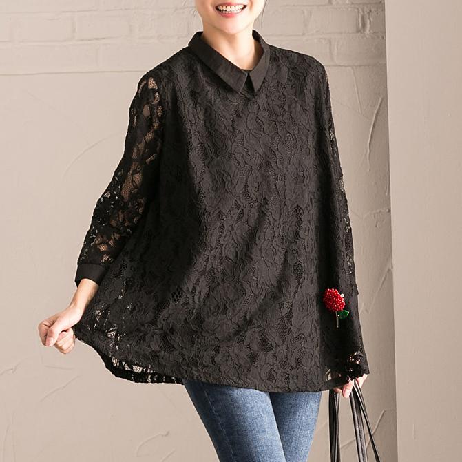 stylish black natural cotton t shirt plus size traveling clothing casual long sleeve lace oversize cotton tops - Omychic