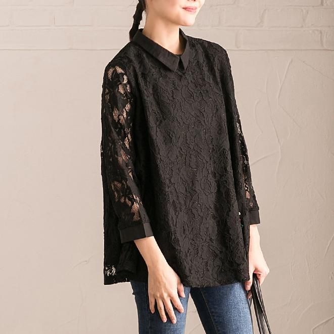 stylish black natural cotton t shirt plus size traveling clothing casual long sleeve lace oversize cotton tops - Omychic