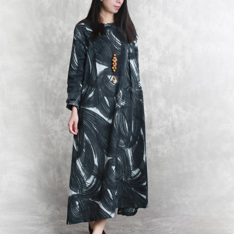 stylish black prints linen dress casual long sleeve linen clothing dresses women o neck gown - Omychic