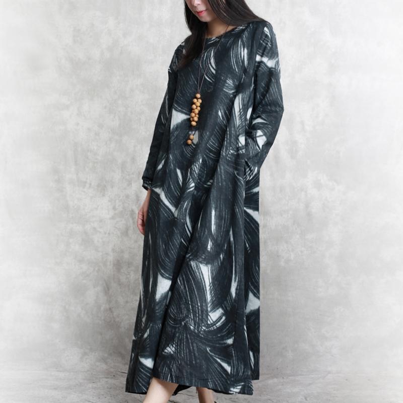 stylish black prints linen dress casual long sleeve linen clothing dresses women o neck gown - Omychic