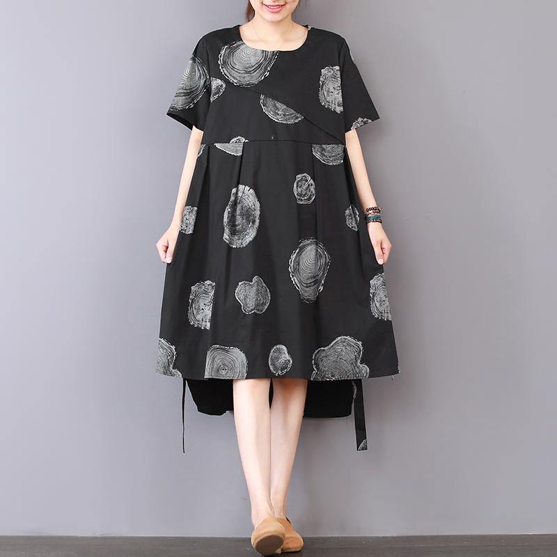 stylish black prints pure linen dresses oversize linen clothing dresses casual low high design patchwork knee dresses - Omychic