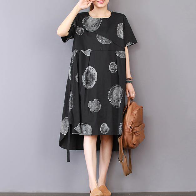 stylish black prints pure linen dresses oversize linen clothing dresses casual low high design patchwork knee dresses - Omychic