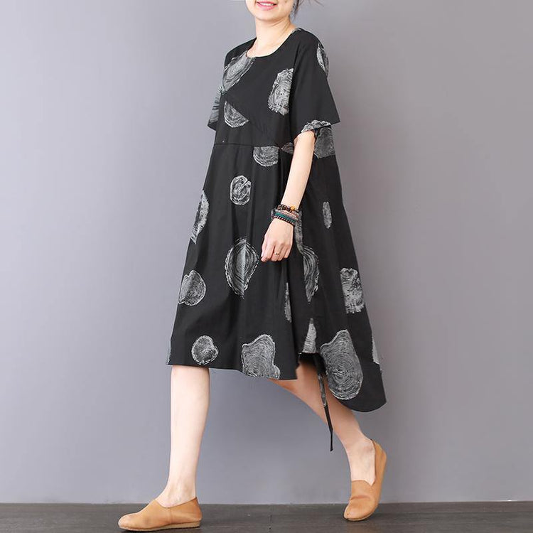 stylish black prints pure linen dresses oversize linen clothing dresses casual low high design patchwork knee dresses - Omychic