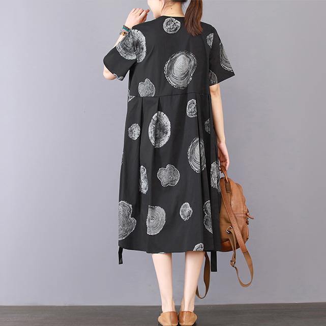 stylish black prints pure linen dresses oversize linen clothing dresses casual low high design patchwork knee dresses - Omychic