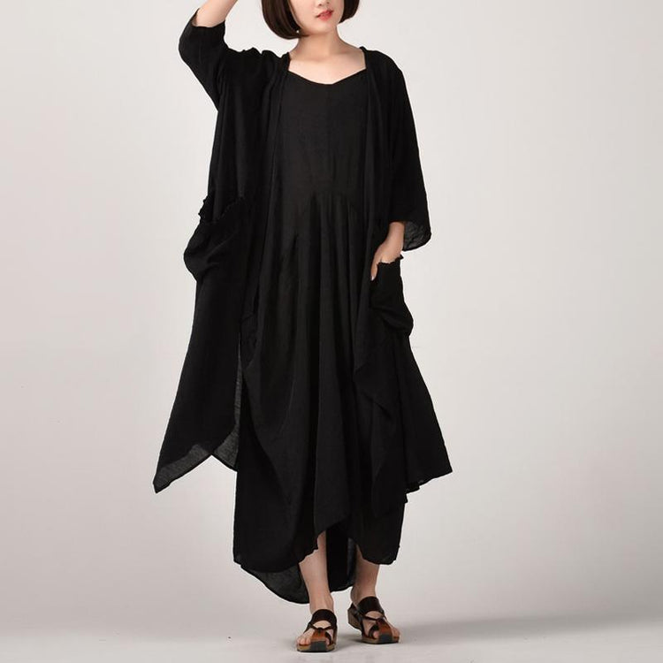 stylish black two pieces long cotton dresses plus size asymmetric coat cardigan cotton clothing and Fine sleeveless kaftans - Omychic