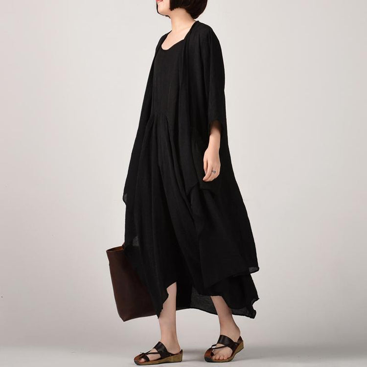 stylish black two pieces long cotton dresses plus size asymmetric coat cardigan cotton clothing and Fine sleeveless kaftans - Omychic