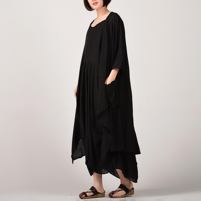 stylish black two pieces long cotton dresses plus size asymmetric coat cardigan cotton clothing and Fine sleeveless kaftans - Omychic