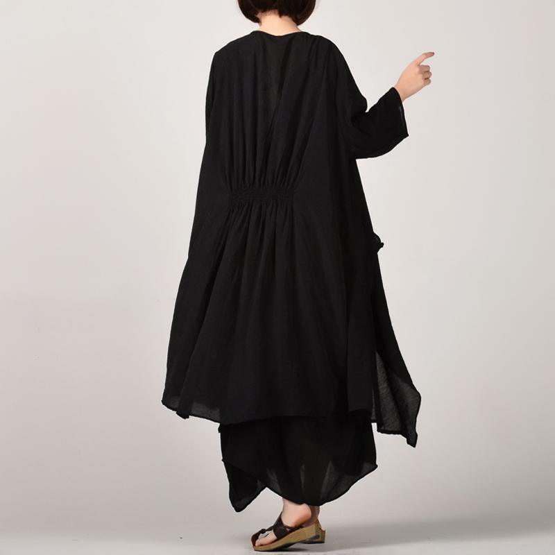 stylish black two pieces long cotton dresses plus size asymmetric coat cardigan cotton clothing and Fine sleeveless kaftans - Omychic