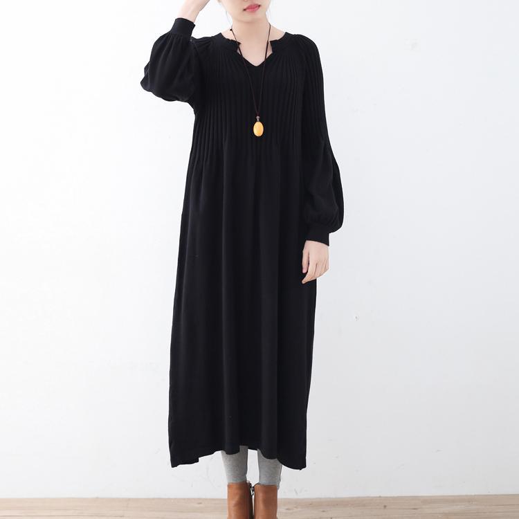 stylish black wool knit dress oversized v neck pullover top quality pullover - Omychic