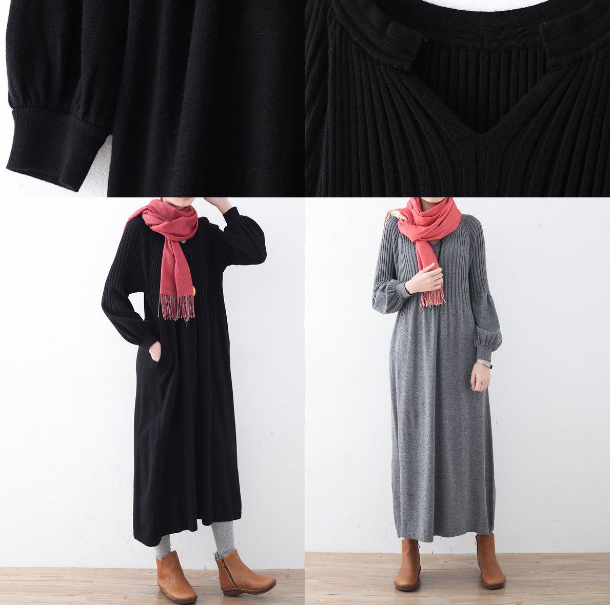 stylish black wool knit dress oversized v neck pullover top quality pullover - Omychic