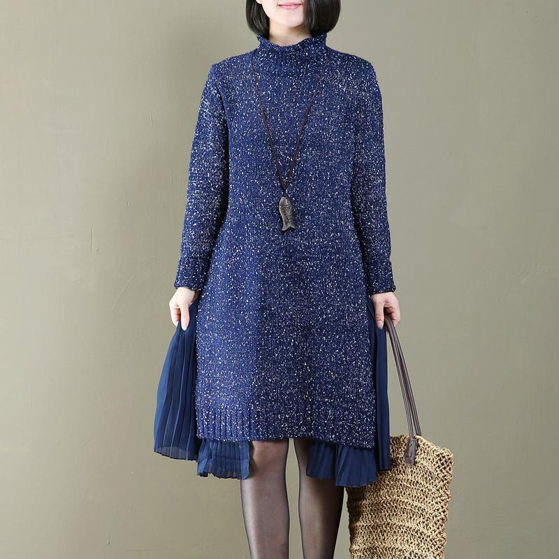 stylish blue pleated patchwork sweater dress oversize long sweaters women spring dresses - Omychic