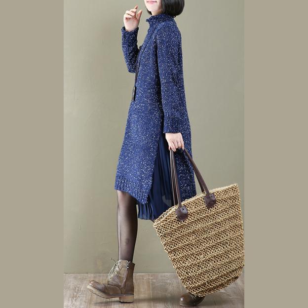 stylish blue pleated patchwork sweater dress oversize long sweaters women spring dresses - Omychic