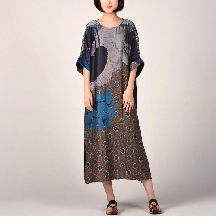 stylish blue prints silk maxi dress oversize side open traveling dress vintage patchwork maxi dresses - Omychic