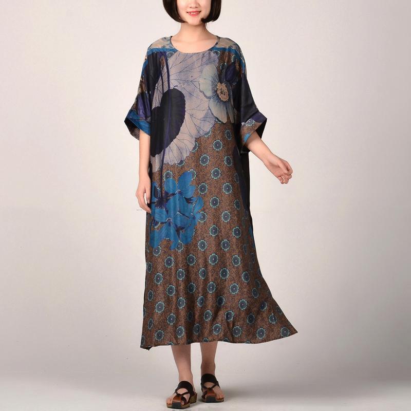 stylish blue prints silk maxi dress oversize side open traveling dress vintage patchwork maxi dresses - Omychic