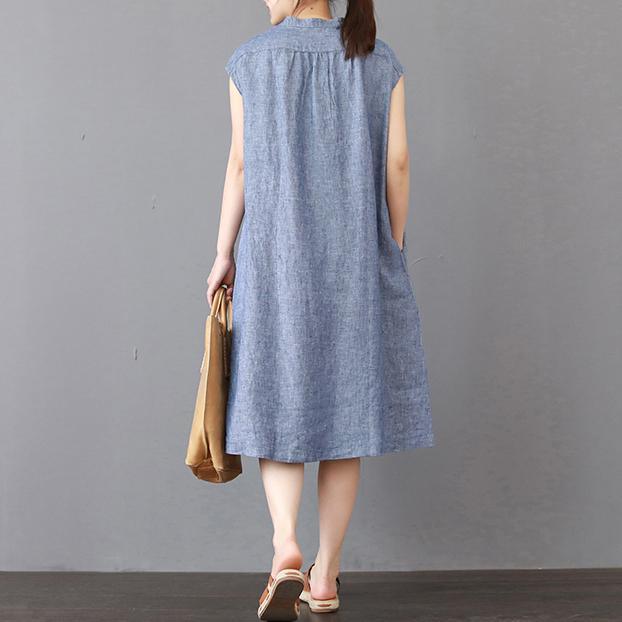 stylish blue pure linen dress plus size shirt dress New sleeveless stand collar cotton dresses - Omychic