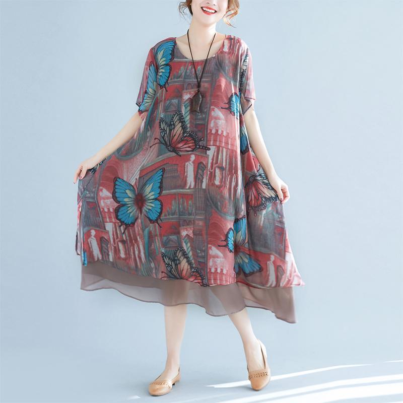 stylish butterfly prints  long chiffon dresses casual short sleeve traveling clothing New o neck gown - Omychic