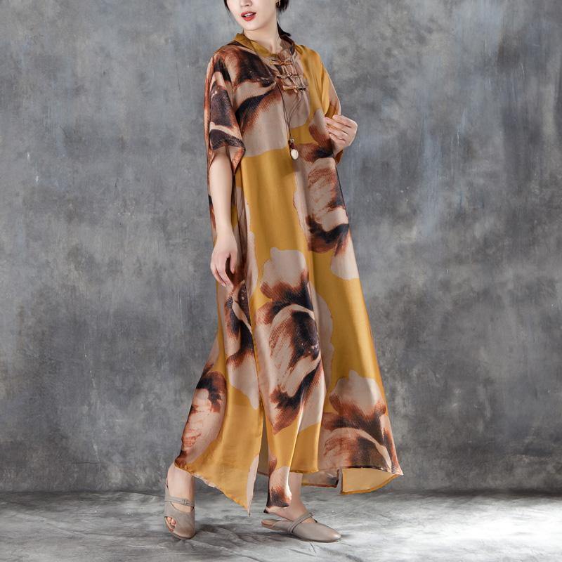 stylish chiffon summer dress caftans oversized Casual Short Sleeve Two-piece Stand Collar Long Dress - Omychic