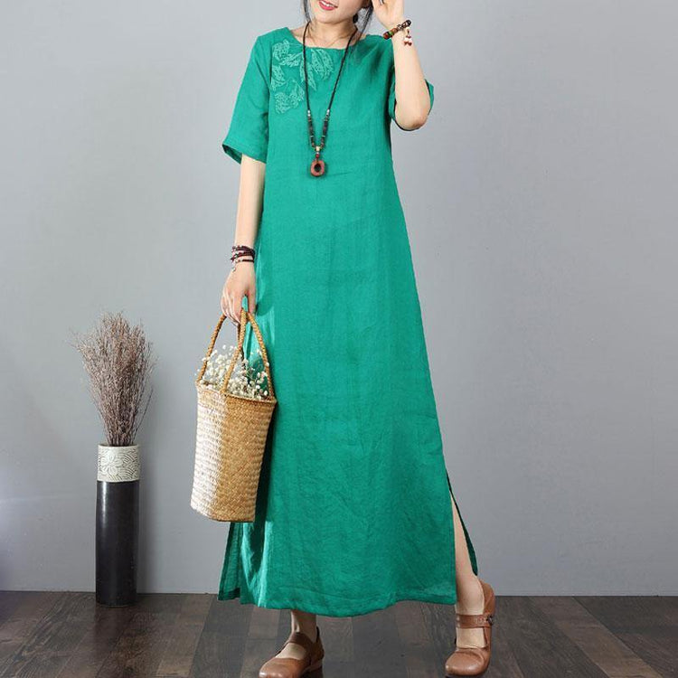 stylish cotton dresses Loose fitting Cotton Linen Embroidered Green Short Sleeve Dress - Omychic