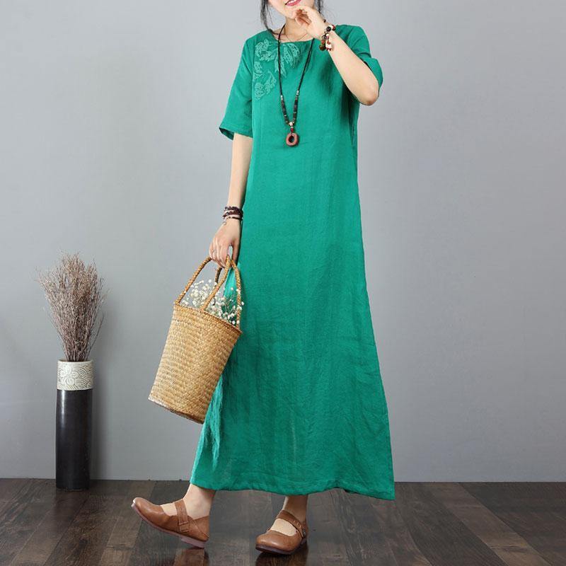 stylish cotton dresses Loose fitting Cotton Linen Embroidered Green Short Sleeve Dress - Omychic