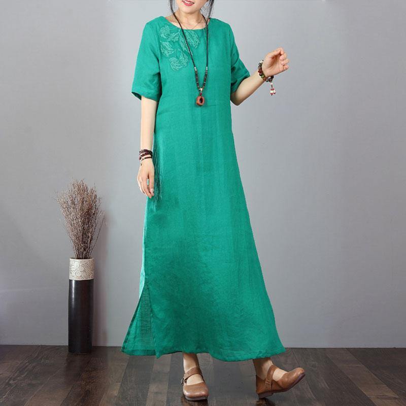 stylish cotton dresses Loose fitting Cotton Linen Embroidered Green Short Sleeve Dress - Omychic