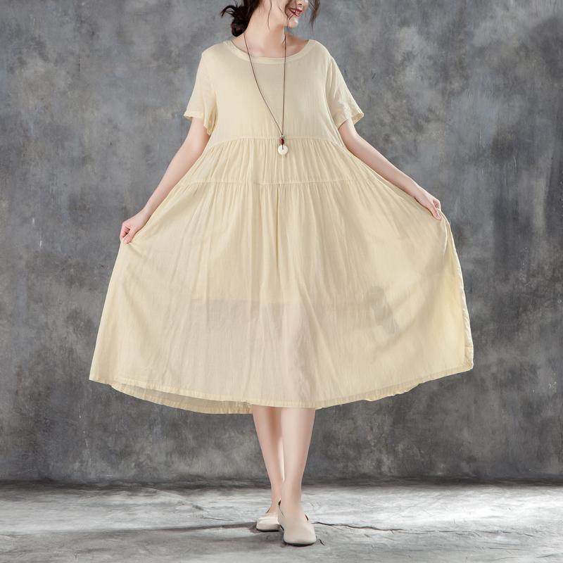 stylish cotton gown plus size clothing Casual Summer Round Neck Short Sleeve Yellow Dress - Omychic