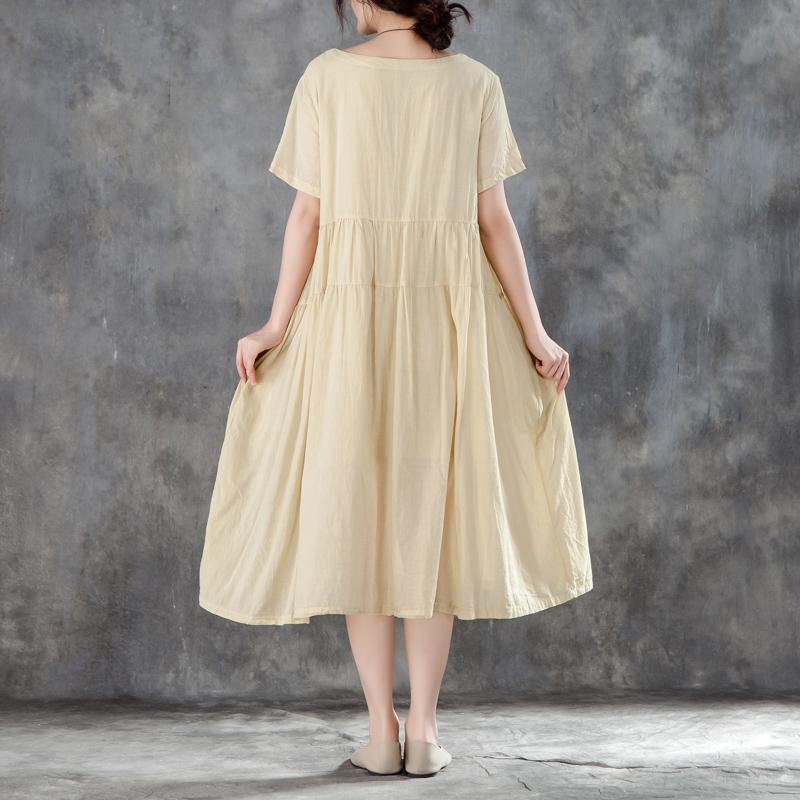 stylish cotton gown plus size clothing Casual Summer Round Neck Short Sleeve Yellow Dress - Omychic