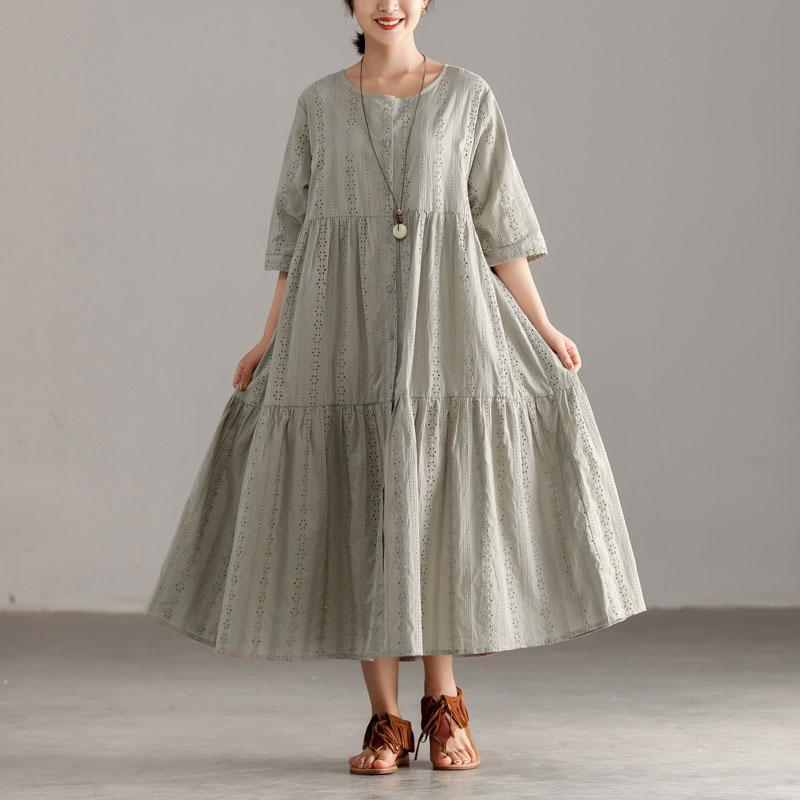 Stylish Cotton Sundress Oversize Casual Short Sleeve Gray Hollow Pleated Dress ( Limited Stock) - Omychic