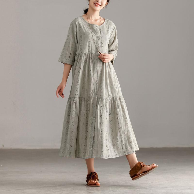 Stylish Cotton Sundress Oversize Casual Short Sleeve Gray Hollow Pleated Dress ( Limited Stock) - Omychic