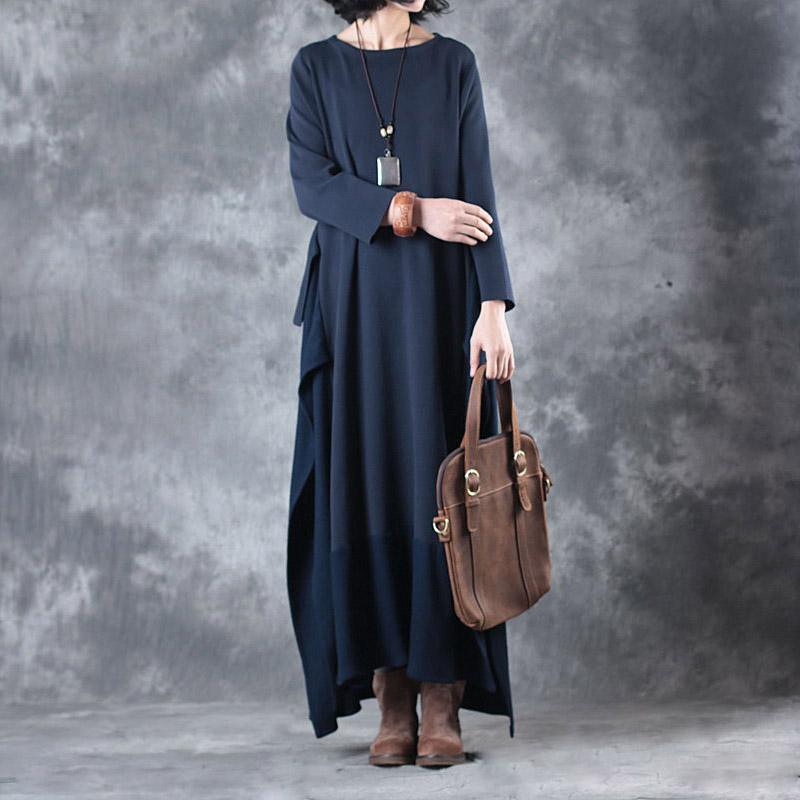 stylish dark blue patchwork sweater dress Loose fitting side open maxi dress caftans vintage asymmetrical spring dresses - Omychic