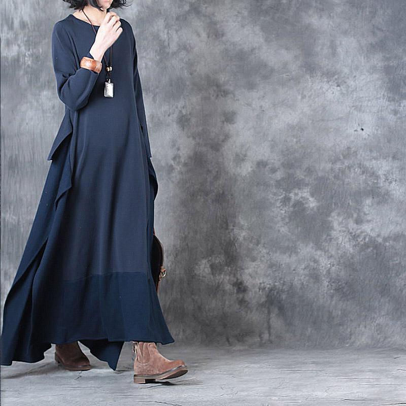 stylish dark blue patchwork sweater dress Loose fitting side open maxi dress caftans vintage asymmetrical spring dresses - Omychic