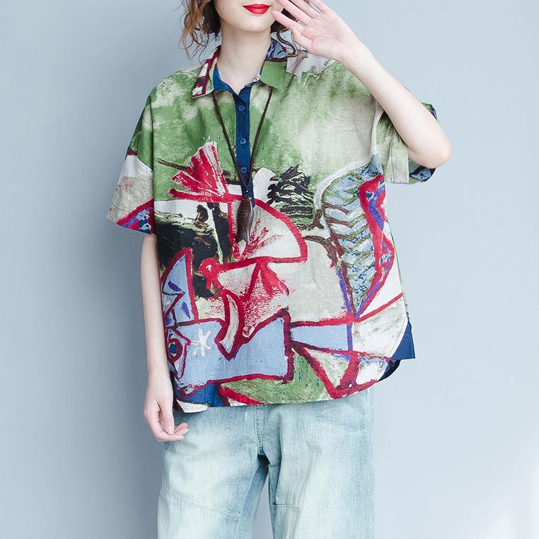stylish floral Midi linen pullovercasual linen clothing tops2018 shirt collar short sleeve clothing - Omychic